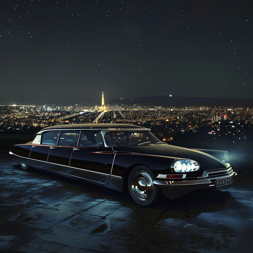 Luxurious Citroen DS 20 Limousine shining in city lights at night