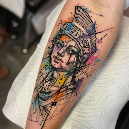 Graffiti style tattoo of Athena with spray paint effects and bold lettering in bright colors on white background