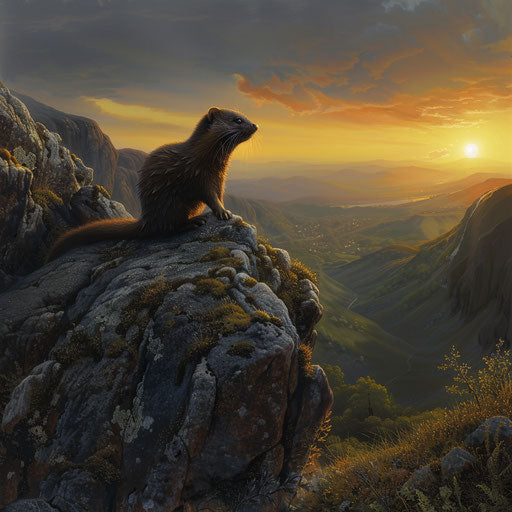 A wild mink basking in the last rays of the setting sun on a rocky outcrop overlooking a valley.