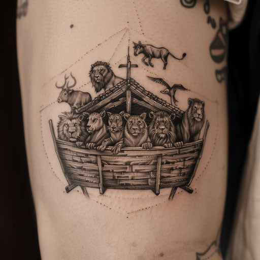 Intricate tattoo of Noah's Ark with various animals in bold black