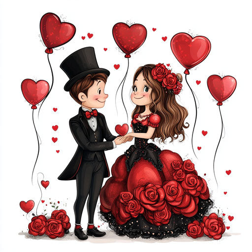 Valentine's Day couple cartoon with red roses and balloons
