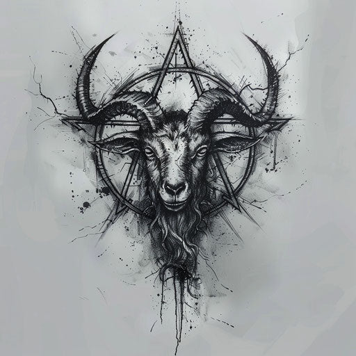 Goat with horns in pentagram, charcoal drawing style