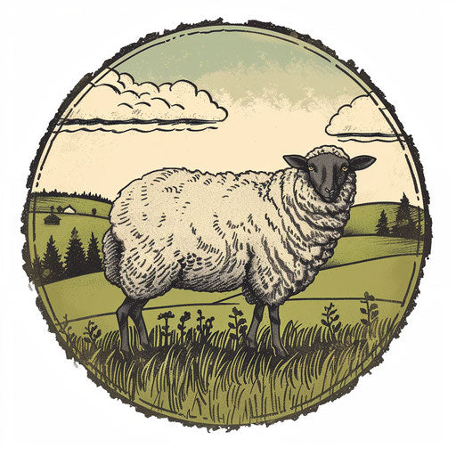 Farm logo with hand-drawn sheep and meadow background
