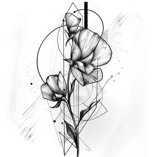 Geometric tattoo sketch of a sweet pea with sharp lines and abstract shapes, using a monochrome palette