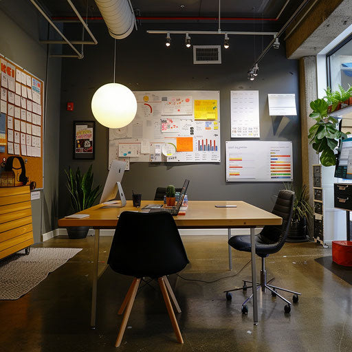 Dynamic marketing team's office with brainstorming charts and posters