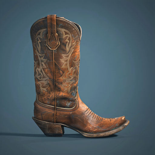 Realistic cowboy boot on flat indigo background