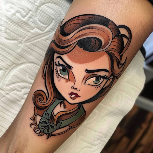 Female tattoos with cartoonish flair, in the style of Steve Sack