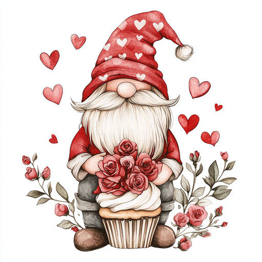 Valentine's Day gnome with roses and hearts, holding a cupcake on white background