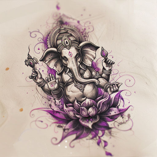 Ethereal Ganesha tattoo sketch, clipart style with translucent overlays and shimmering effects