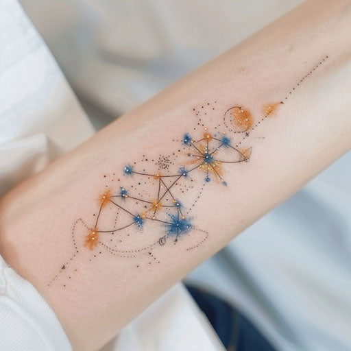 Zodiac sign constellation curse mark tattoo in blues and golds