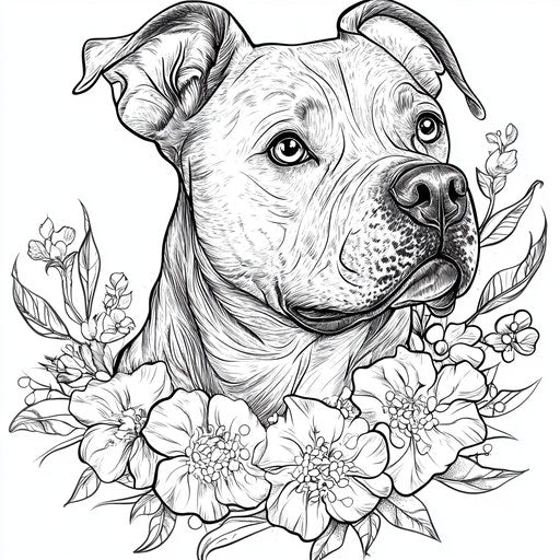 Elegant pitbull with floral patterns in the style of Teagan White,Coloring book page