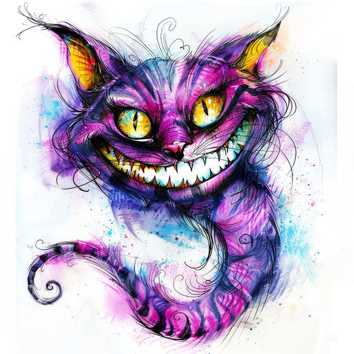 Whimsical Cheshire Cat tattoo sketch with vibrant colors, floating on a white canvas, ready for ink