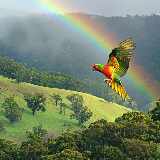 Swift parrot flying through rainbow after rainstorm