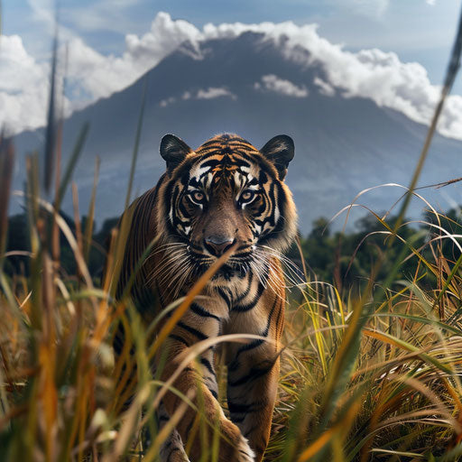 Sunda tiger in tall grass with Mount Kerinci in the distance