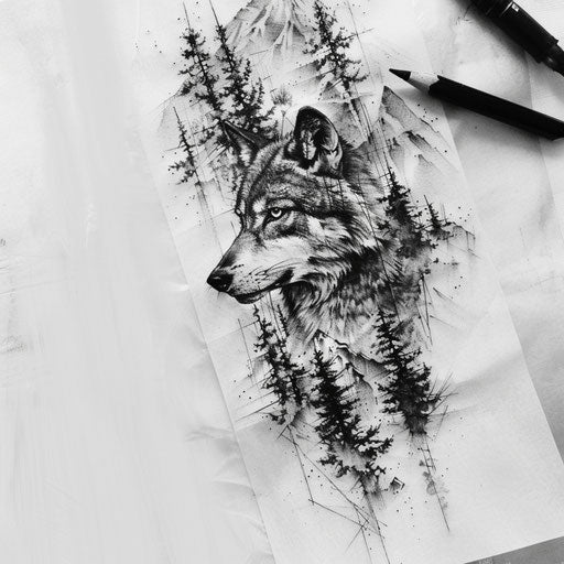 Tattoo sketch of a wolf and forest landscape, full sleeve for men
