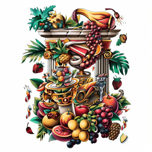 Roman feast tattoo illustration, vibrant colors on white background