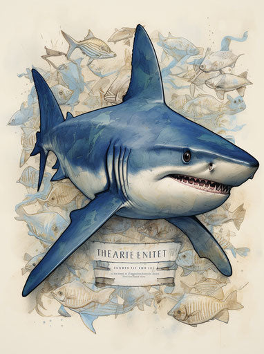 Blue and white hammerhead shark with quote in background