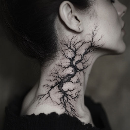 Small neck tattoos in the style of Gerald Brom with eerie, twisted branches