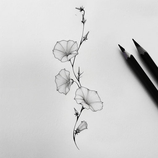Minimalist black and white tattoo sketch of delicate morning glory vines