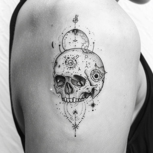 Mystical skull tattoo with alchemical symbols and celestial patterns