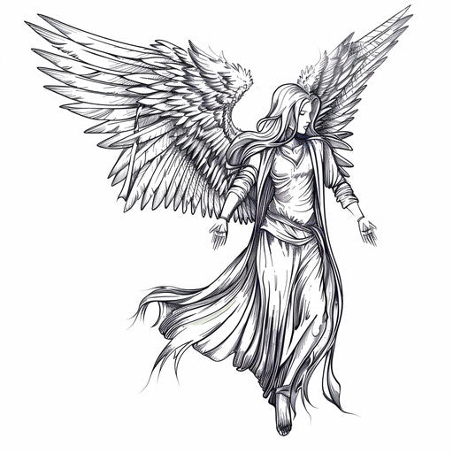 Detailed sketch of a guardian angel with expansive wings for tattoo on pure white background