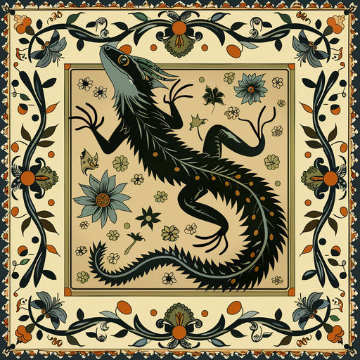 Flat tattoo sketch of a lizard with ornate borders and muted colors in medieval tapestry style