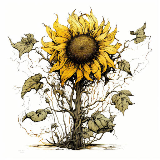 Sunflower and leaves, eccentric props style, contour line drawing