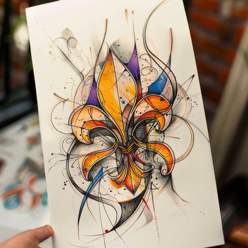 Avant-garde tattoo sketch of a fleur de lis with abstract forms and vivid, contrasting colors