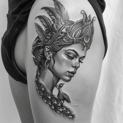 Queen of gods in monochrome with peacock on white background