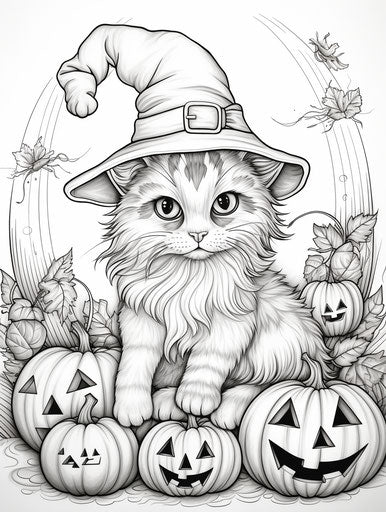 Adorable cat sitting in witch hat and pumpkins coloring page halloween