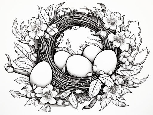 Eggs and leaves in a wreath on a white background, heavy inking style