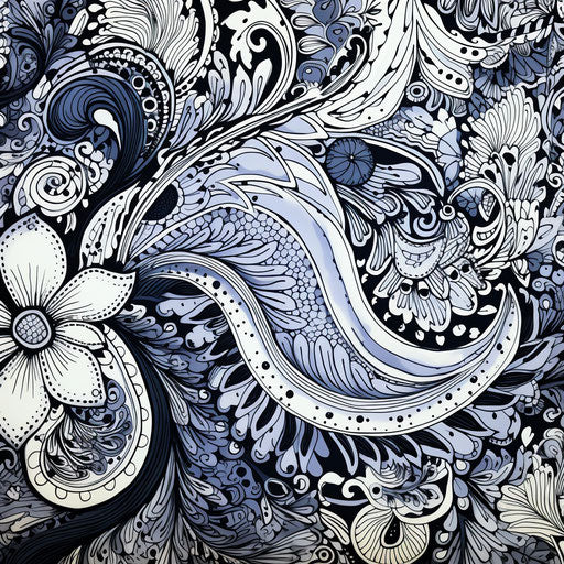 Black and white paisley design on ornate background, abstract ink art style, gray and navy tones, whimsical drawings, detailed floral arrangements