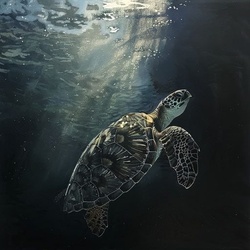 Olive ridley sea turtle captured in a rare beam of light in deep waters