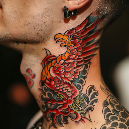 Phoenix side neck tattoos in the Ed Hardy style