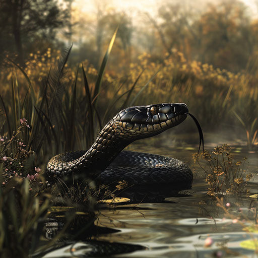 Black mamba at a tranquil riverbank