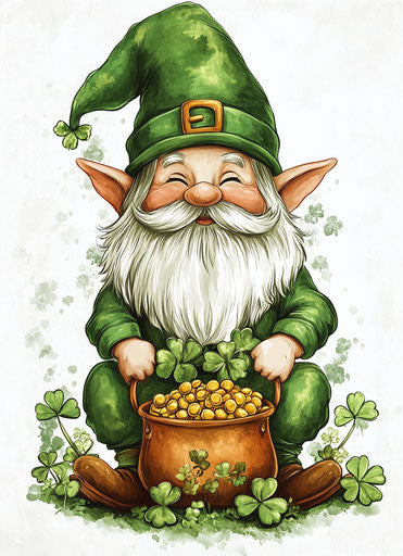 St. Patrick's Day gnome with pot of gold and shamrocks in Artgerm style