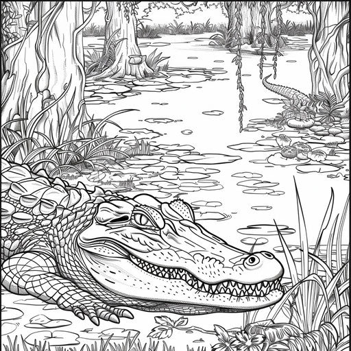 Detailed swamp scene with alligator peeking out of water