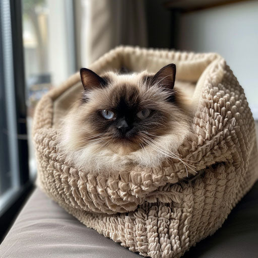 Himalayan cat in a cozy bed with a tiny blanket and pillow