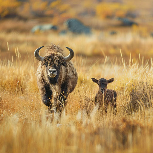 Yak mother and calf walking in a meadow of tall grasses