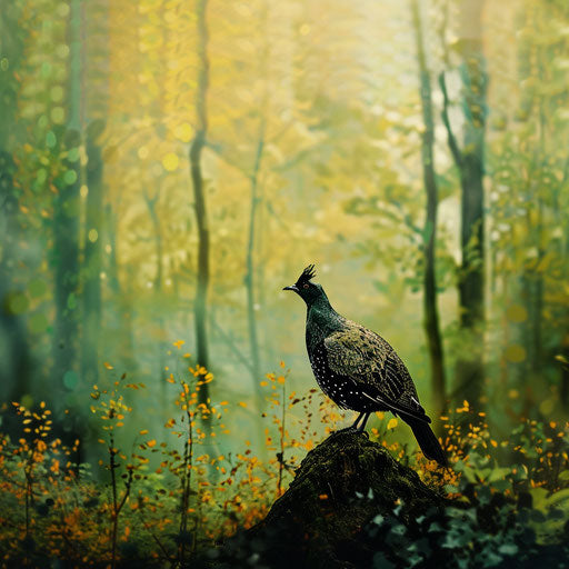 Sage grouse in vibrant green forest
