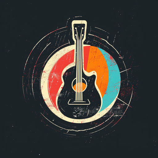 Vintage music badge with retro color palette and textured background