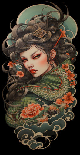 Dragon tattoo designs for women in geisha style, light green and dark amber