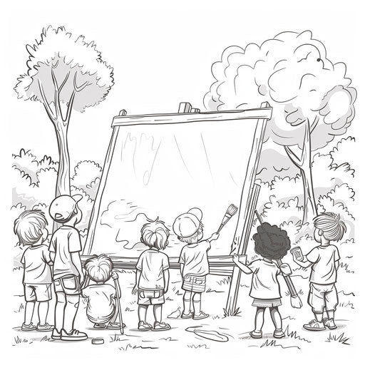 Children painting on a giant canvas in a park