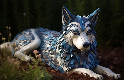 Husky dog on the edge of the garden, dark gray and light blue style