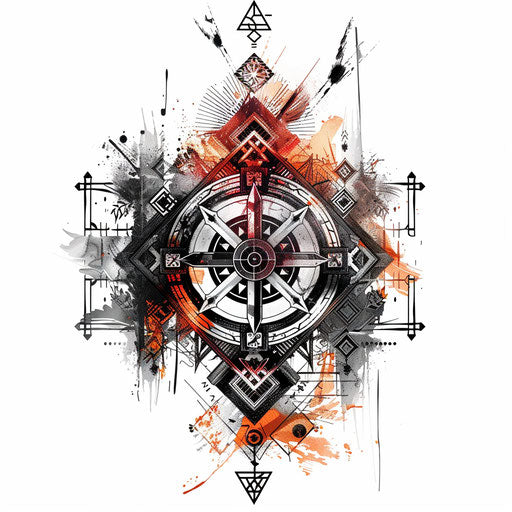 Futuristic Viking compass tattoo in metallic geometric