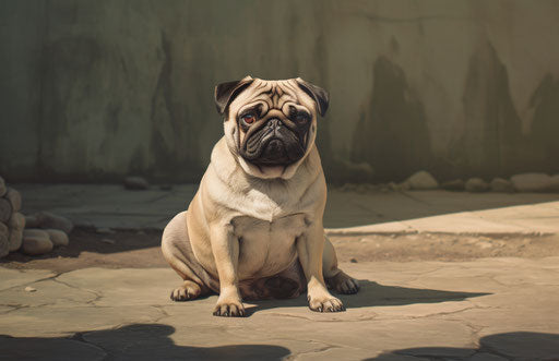 An adult pug sitting in front of a gravel path, cartoonish style