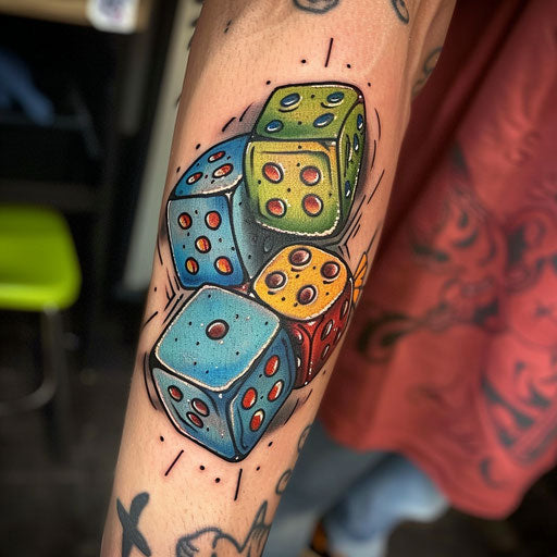Dice tattoo with whimsical themes