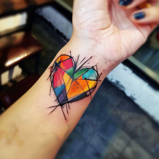 Sketch of a tattoo of an abstract geometric heart with vibrant colors for a wrist coverup tattoo for women