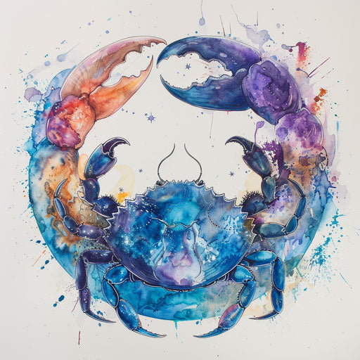 Cancer zodiac symbol intertwined with moon and crab on white