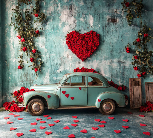 Vintage car with heart-shaped windows and red roses